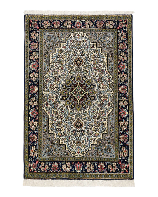 Persian Qum Rug 3x5, Wool with Silk Highlights, Handmade Semi Antique Carpet, Ivory & Navy Blue, Floral Medallion, Finely Hand Knotted