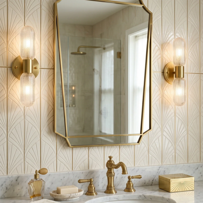 Brass Ribbed Glass Double Wall Sconce