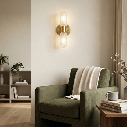 Brass Ribbed Glass Double Wall Sconce