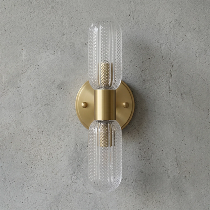 Brass Ribbed Glass Double Wall Sconce