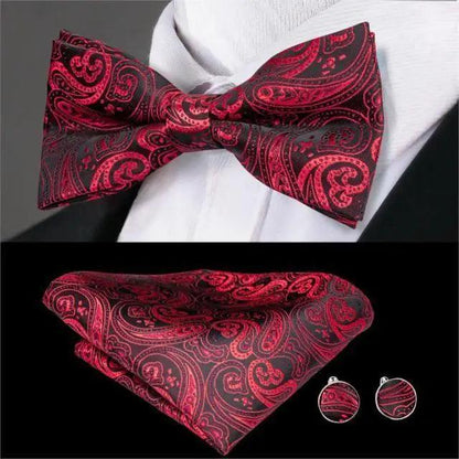Business Red Color Butterfly Bow Tie Pocket Square Cufflinks Suit Set For Men Adjustable Self Bowtie Formal Bowtie Set Solid Color Necktie Silk Bow Tie Pocket Square Cuff Links