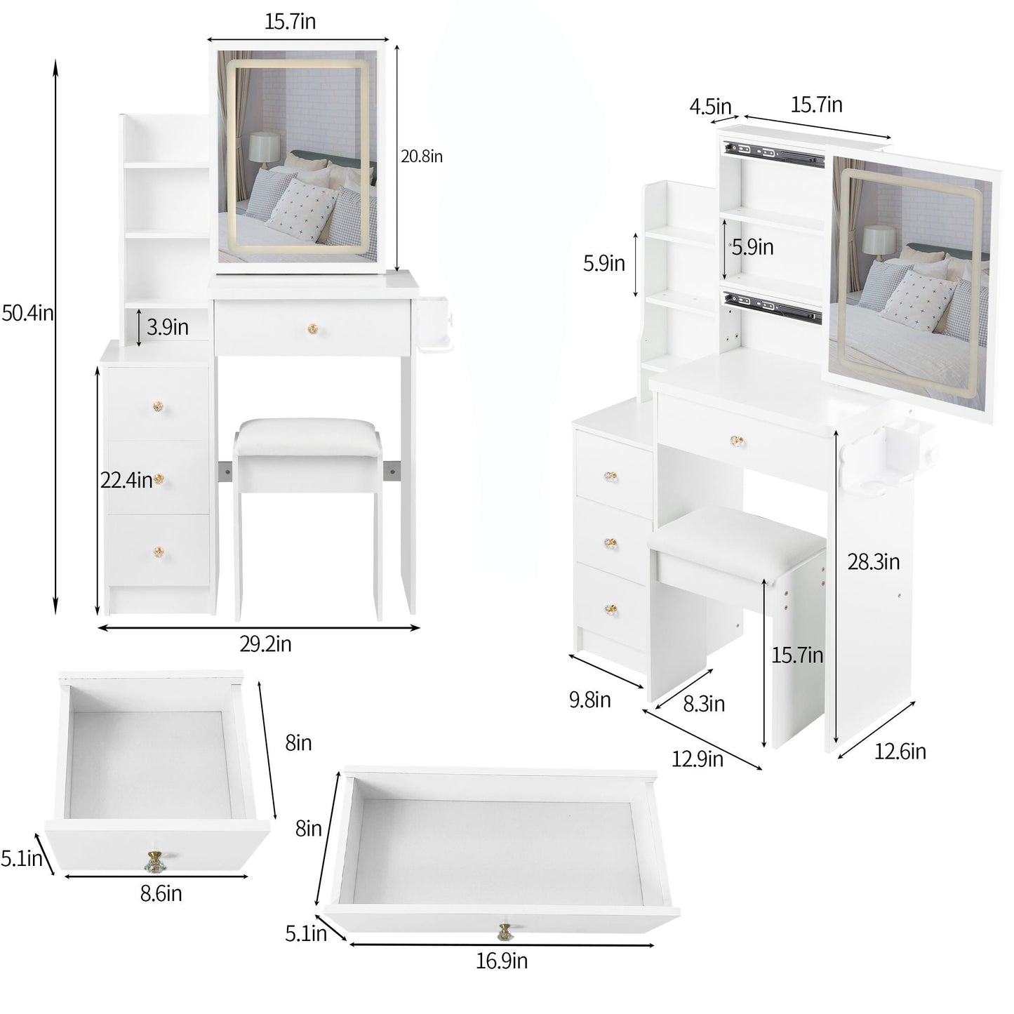 Cabinet Vanity Table & Cushioned Stool, USB Power Station, Hair Dryer Bracket - White