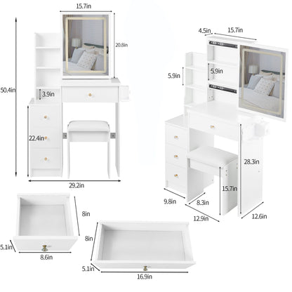 Cabinet Vanity Table & Cushioned Stool, USB Power Station, Hair Dryer Bracket - White