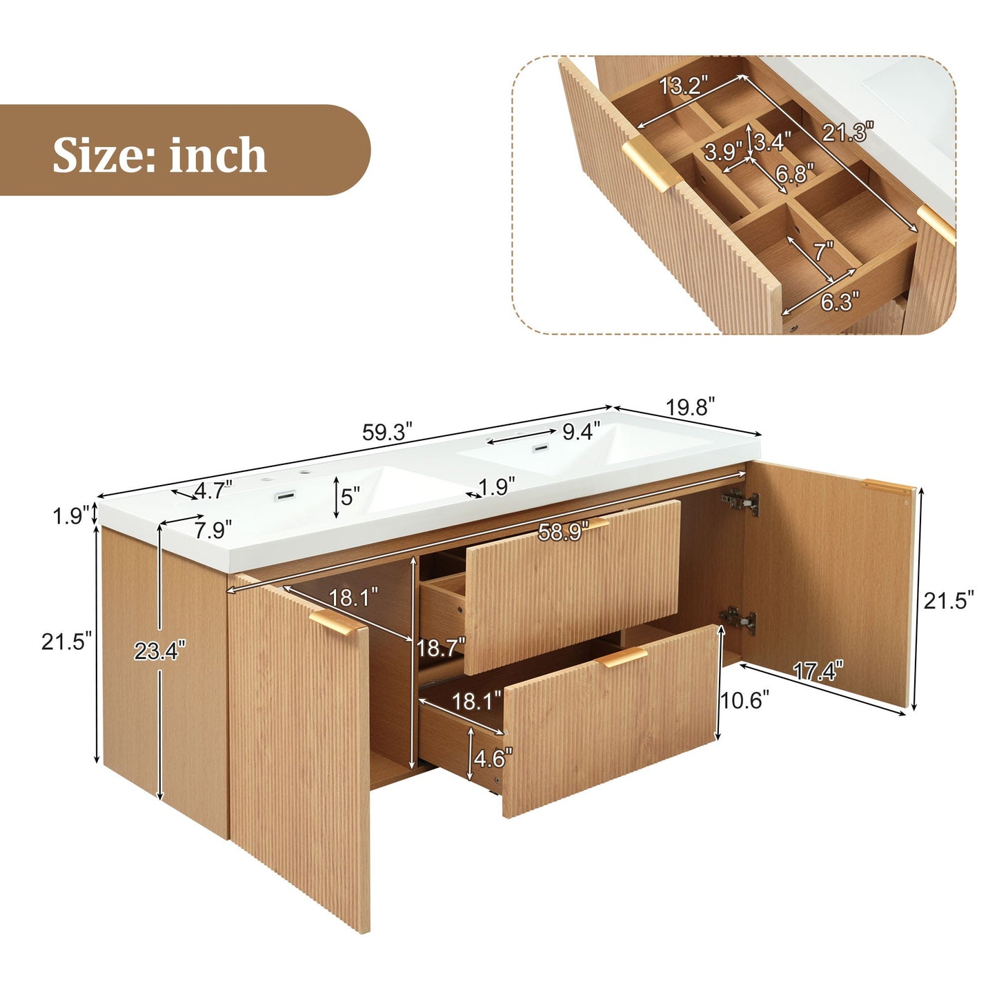 Modern Wall Mounted Bathroom Vanity, Soft Close Doors