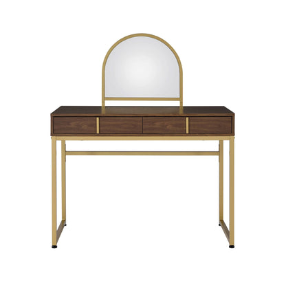 Coleen Walnut & Gold Finish Vanity Desk with Mirror & Jewelry Tray