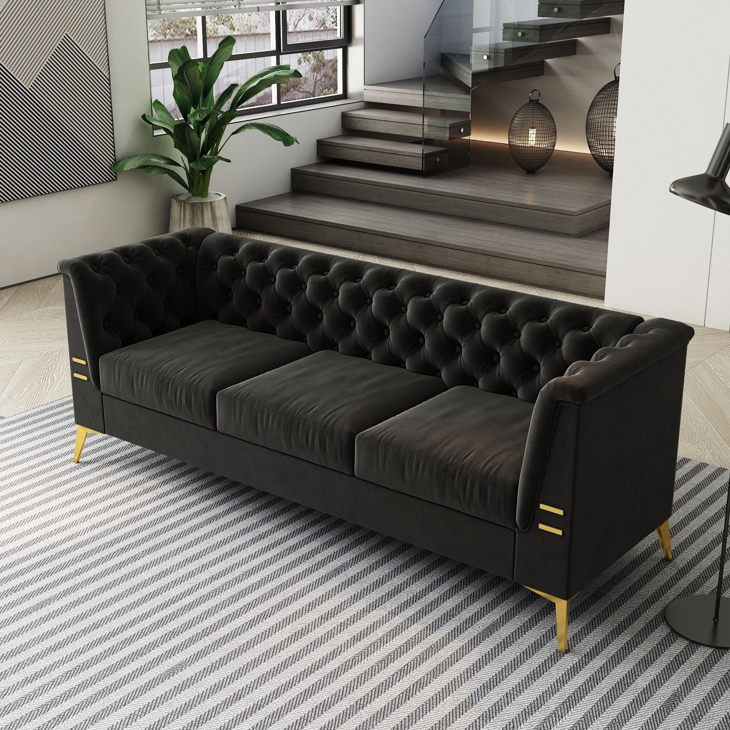 Luxurious Sofa With Legs, Modern Chesterfield Design, Tufted Upholstery, 3 Seat Couch For Living Room And Office