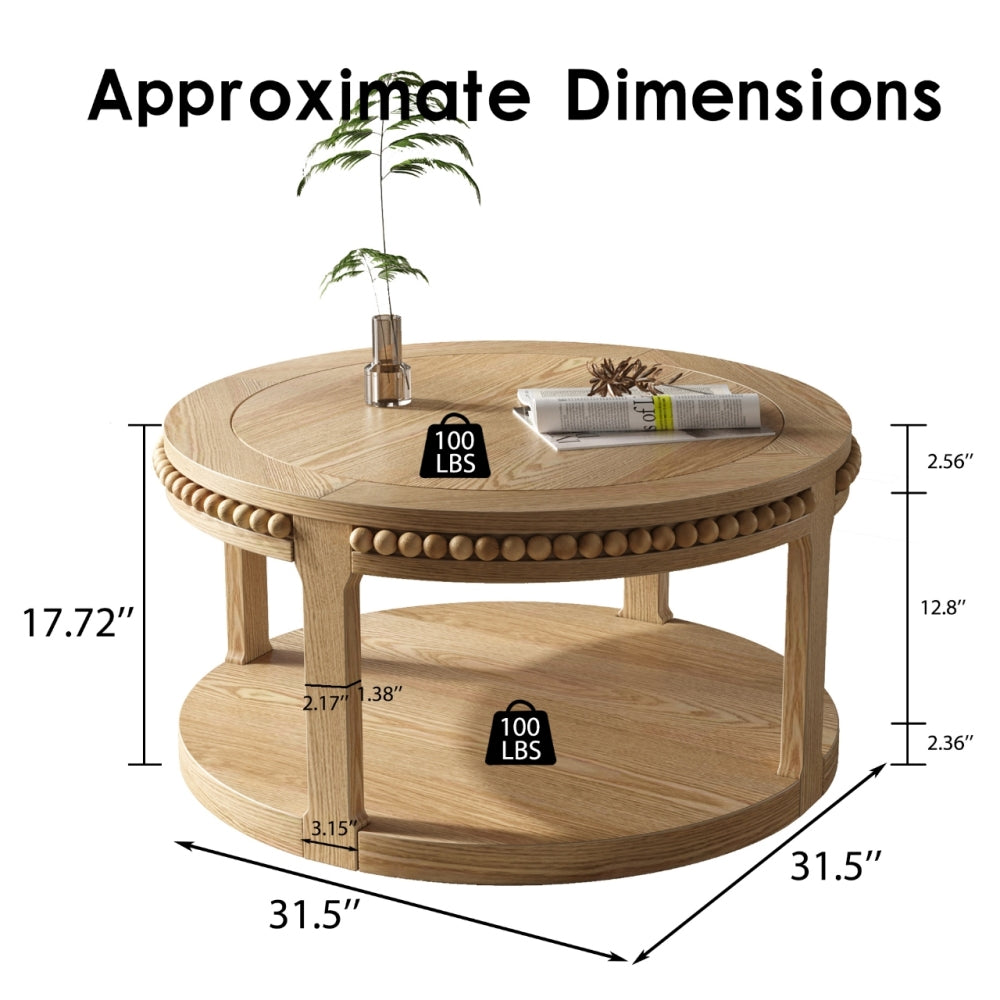 31.5" Round Solid Wood Coffee Table — Two-Tier Shelf, Natural Finish