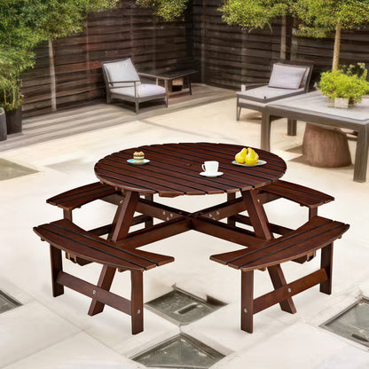 Outdoor 8 Person Round Picnic Table with Built-In Benches