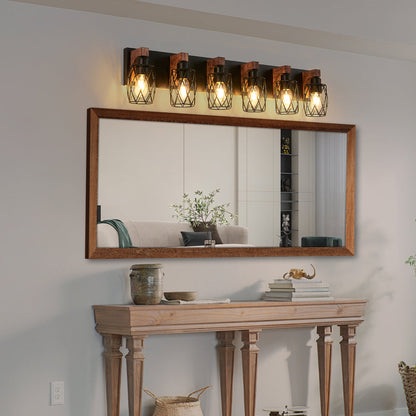 Industrial Black Cage Wall Sconce with Wood Accents | 3/4/5/6/7-Light Vintage Fixture for Bathroom, Hallway & Living Room