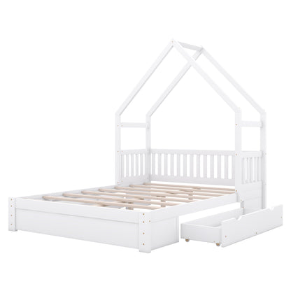 House Style Platform Bed With Guardrail And 2 Drawers