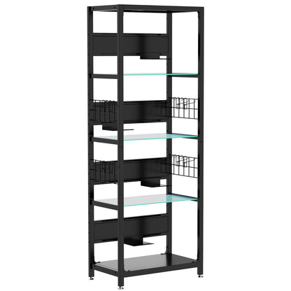4 Tier Display Shelf With RGB Lights, LED Lighted Curio Cabinet With Adjustable Storage Box & Hooks - Black