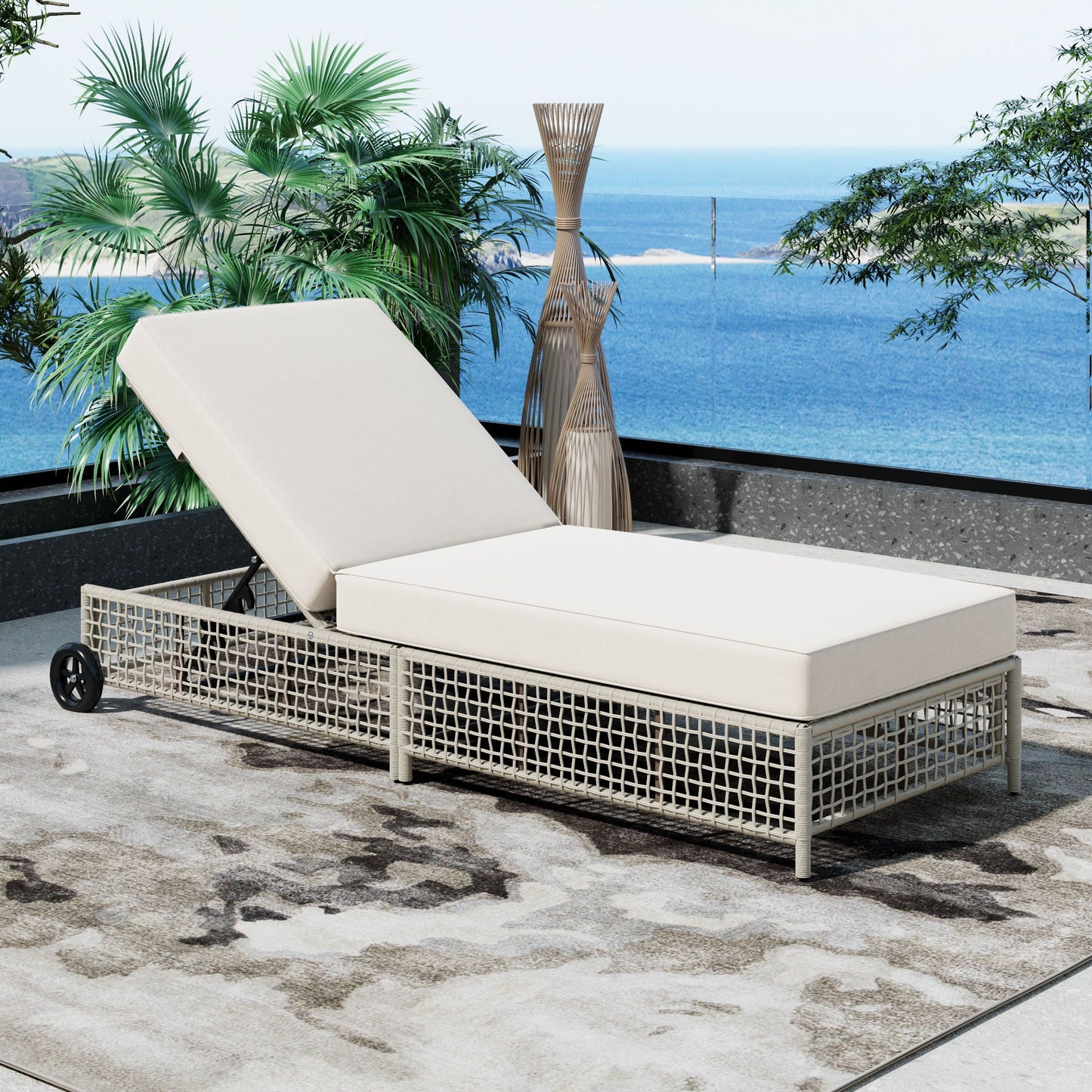 Outdoor Lounge Chair With 5 Position Backrest With Cushion And Wheels