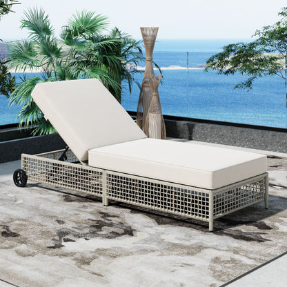 Outdoor Lounge Chair With 5 Position Backrest With Cushion And Wheels