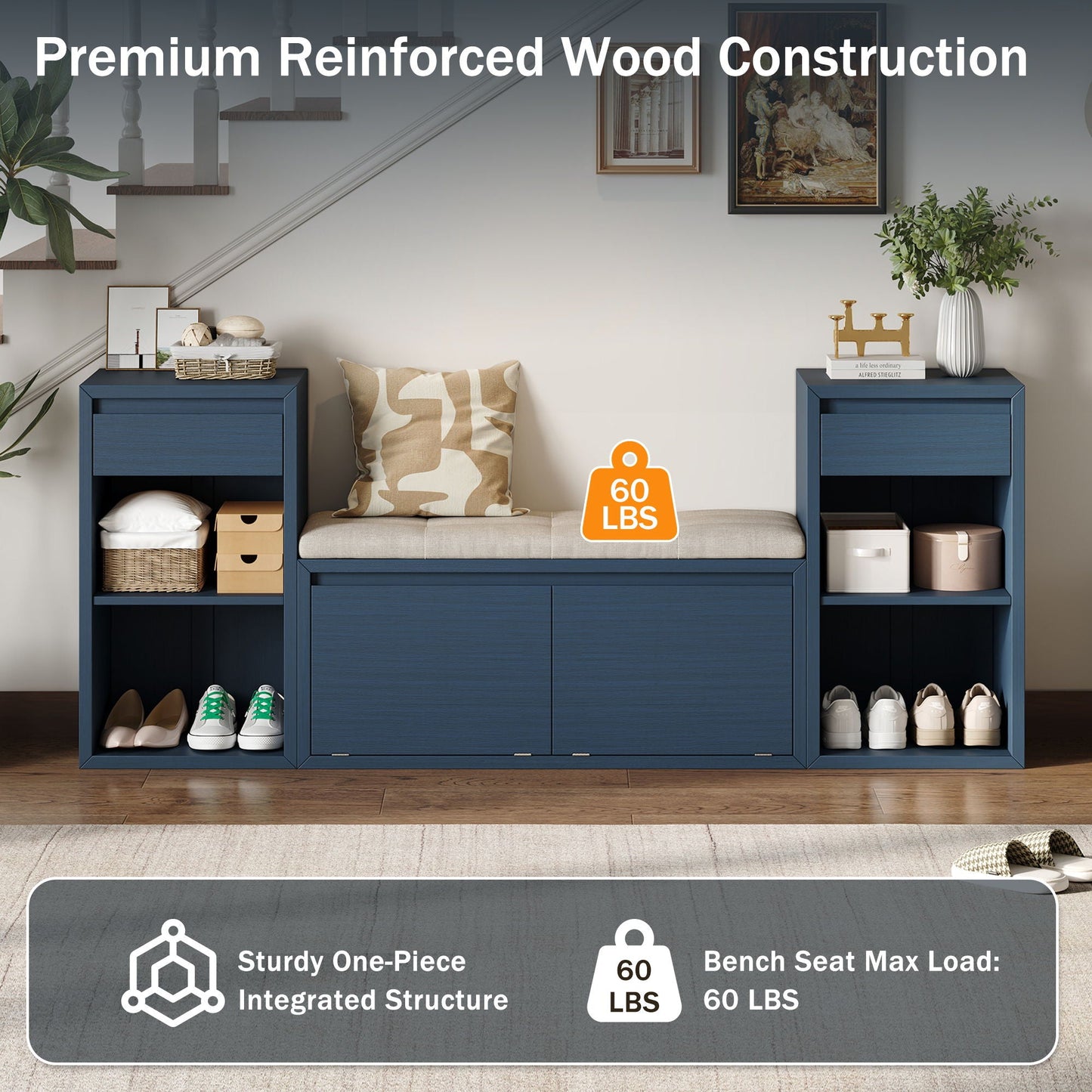 Entryway Storage Bench With Cushion, Drawers & Open Shelves