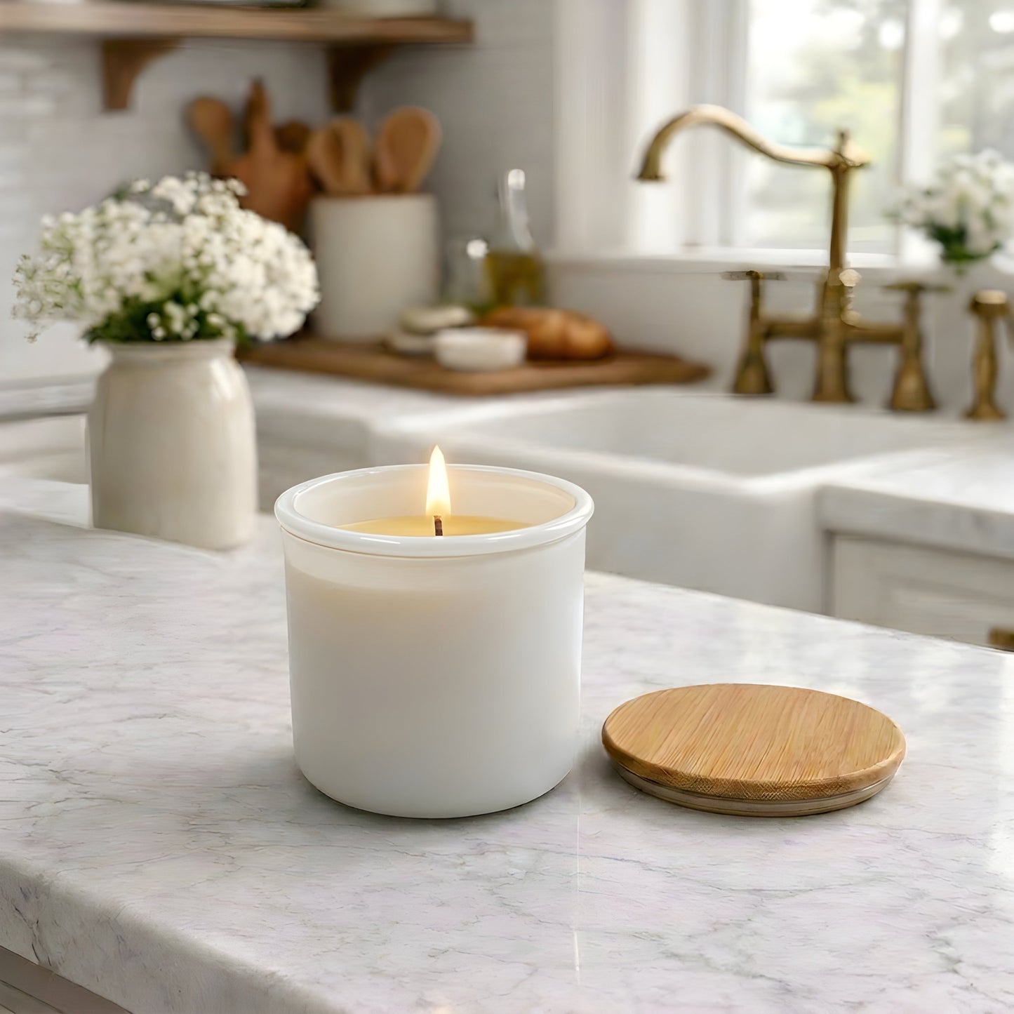 Beeswax Candle Poured in USA in 10 oz White Colored Recycled Spanish Glass Jar with Bamboo Lid