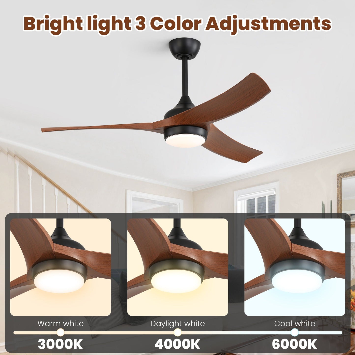 Ceiling Fan With 3 Blades, Remote Control Reversible DC Motor, Dimmable Light, And 1H / 4H / 8H Timer - Black
