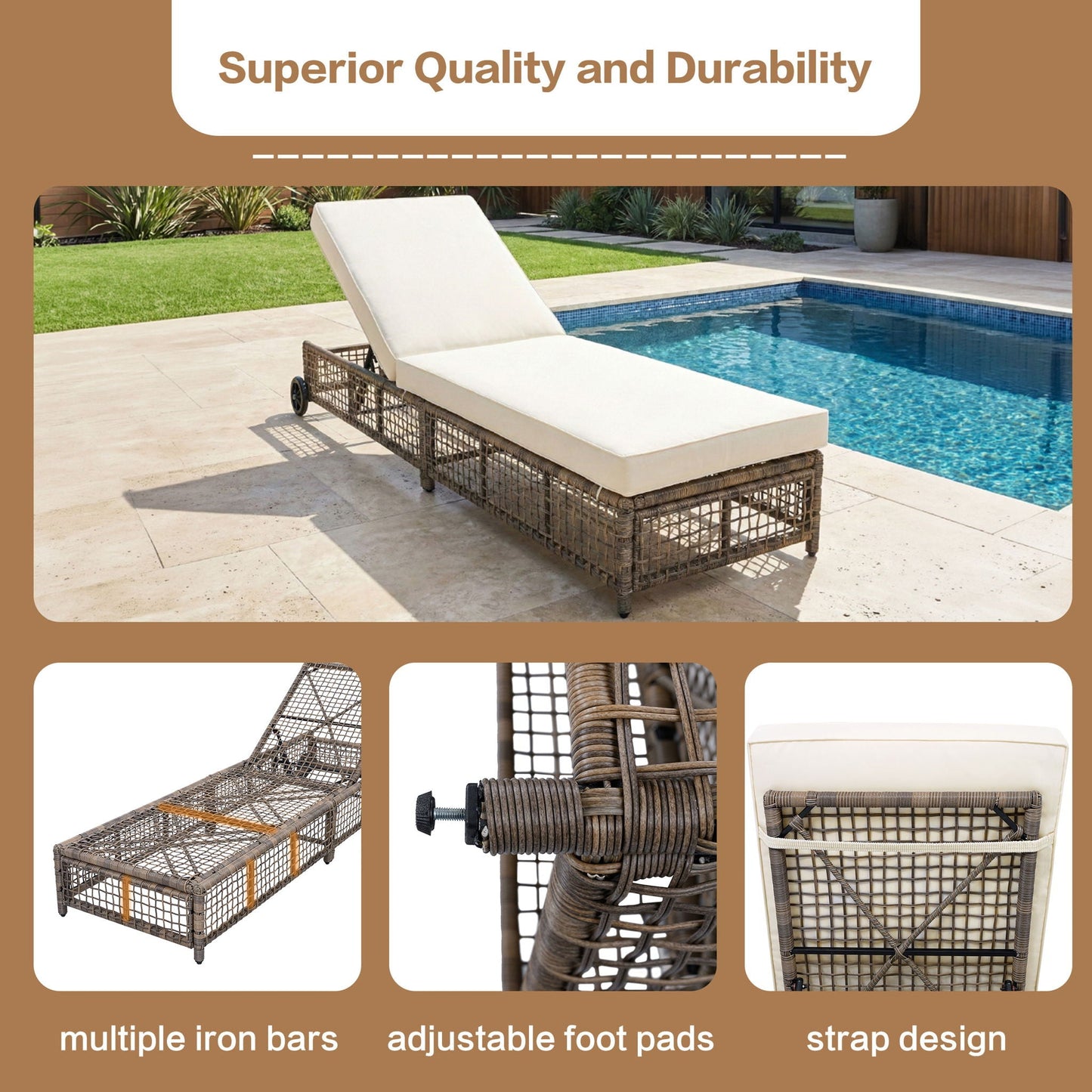 Outdoor Lounge Chair With 5 Position Backrest With Cushion And Wheels