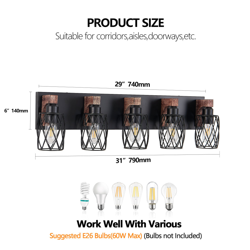 Industrial Black Cage Wall Sconce with Wood Accents | 3/4/5/6/7-Light Vintage Fixture for Bathroom, Hallway & Living Room