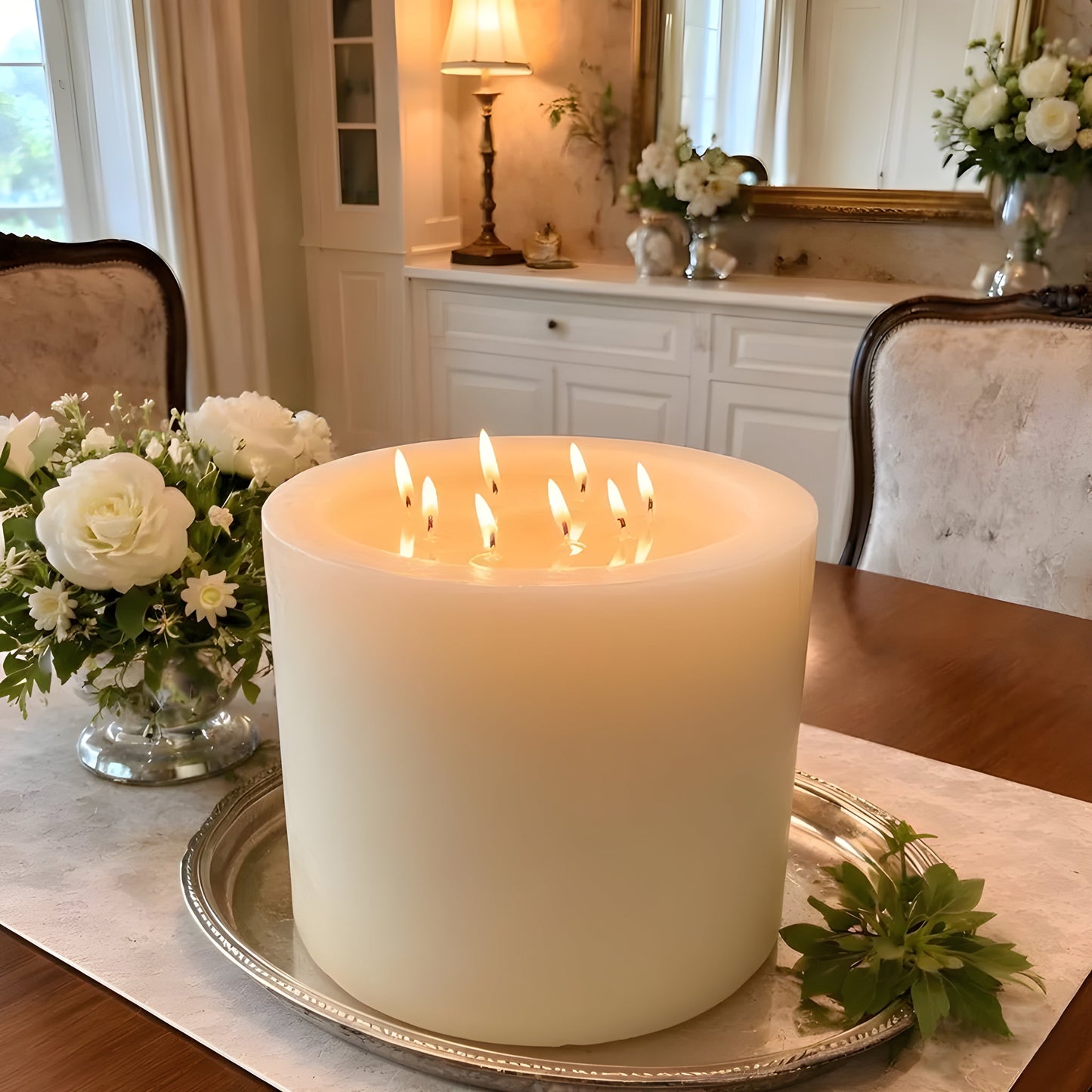 Bonfire White Beeswax Candle Eight-Wick Luxury Statement Pillar 9″ Tall 8″ Wide