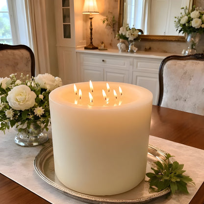Bonfire White Beeswax Candle Eight-Wick Luxury Statement Pillar 9″ Tall 8″ Wide