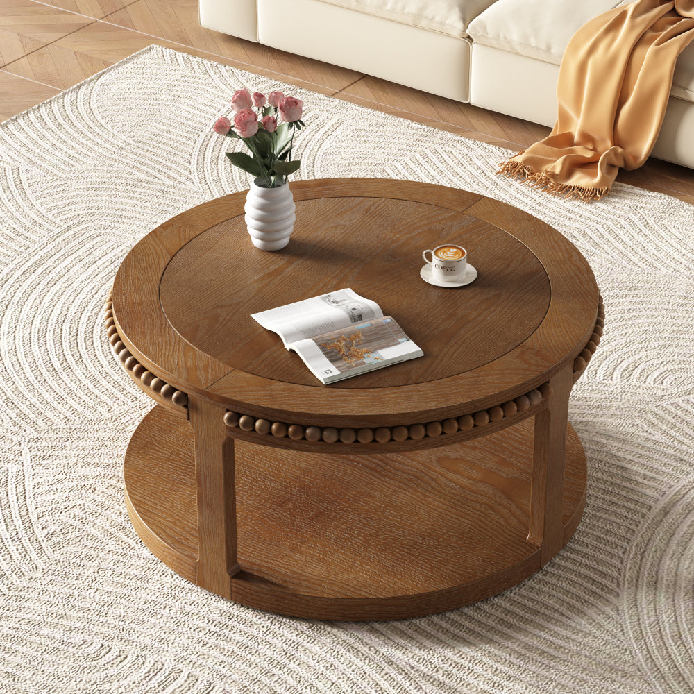31.5" Round Solid Wood Coffee Table — Two-Tier Shelf, Natural Finish