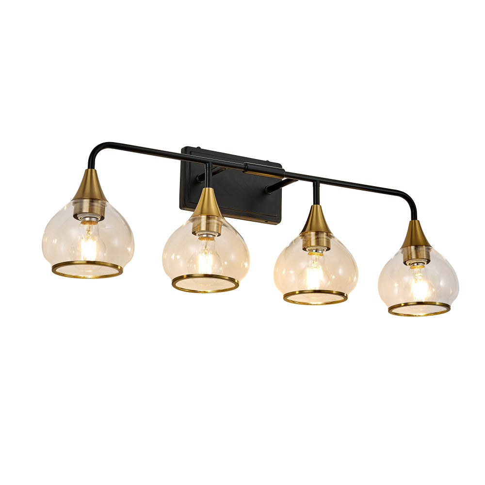 Black & Gold Vanity Wall Sconce | 3/4-Light Industrial Bathroom Fixture with Clear Glass Shades for Mirror & Living Spaces