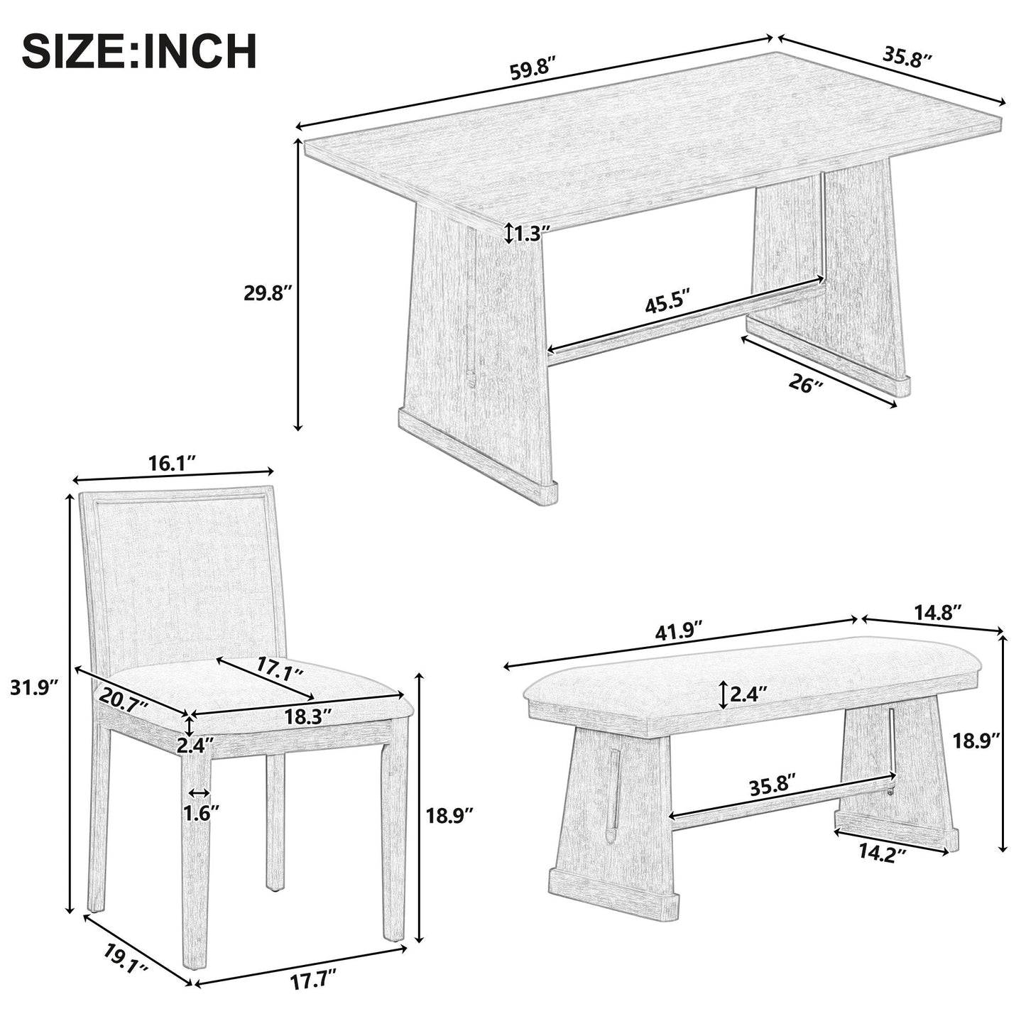 Dining Set With Rectangular Table, 4 Upholstered Chairs & 1 Padded Bench