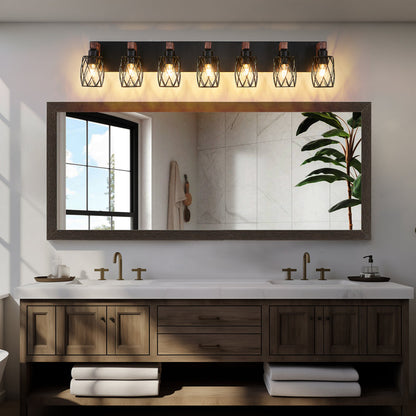 Industrial Black Cage Wall Sconce with Wood Accents | 3/4/5/6/7-Light Vintage Fixture for Bathroom, Hallway & Living Room