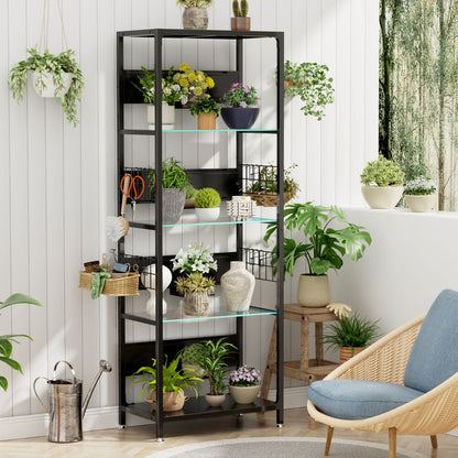 4 Tier Display Shelf With RGB Lights, LED Lighted Curio Cabinet With Adjustable Storage Box & Hooks - Black