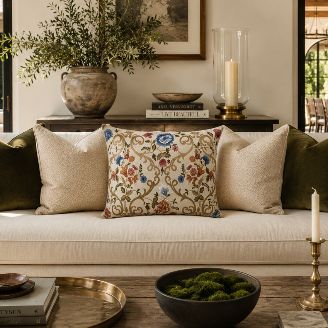 Chantilly Embroidered Linen Throw Pillow Cover 18 X 18