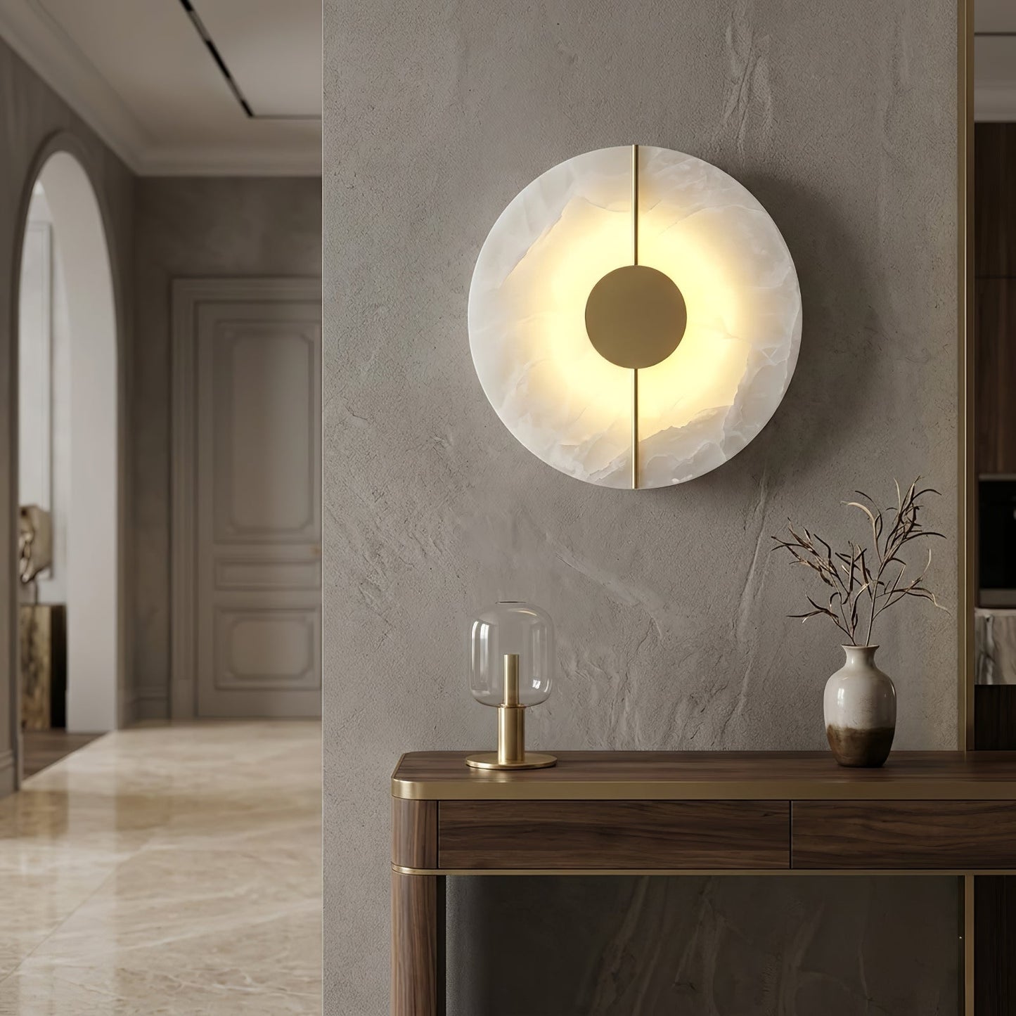 Circular Alabaster Wall Lamp With Brass Bar