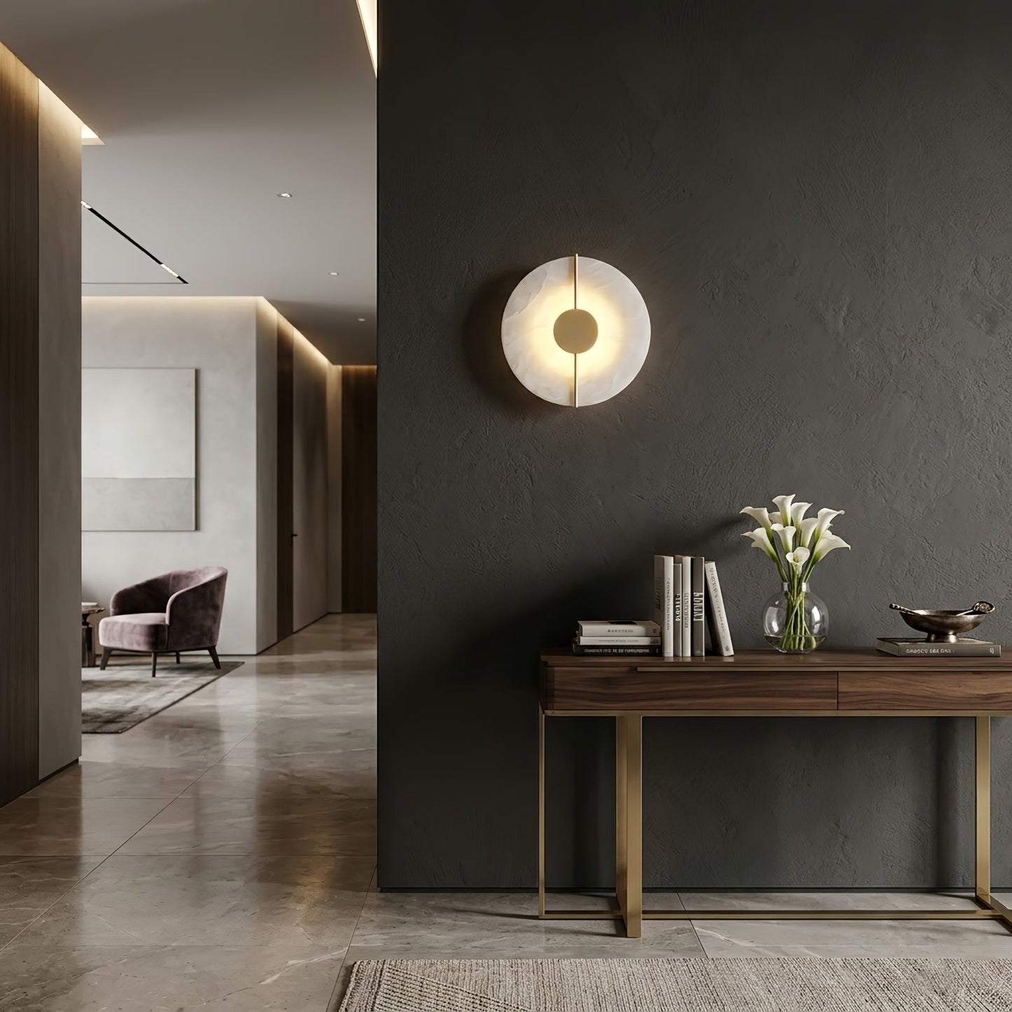 Circular Alabaster Wall Lamp With Brass Bar