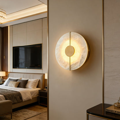 Circular Alabaster Wall Lamp With Brass Bar