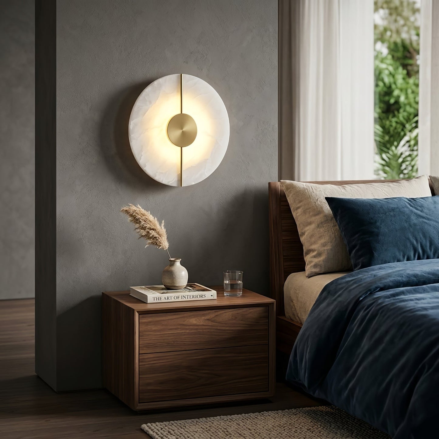 Circular Alabaster Wall Lamp With Brass Bar