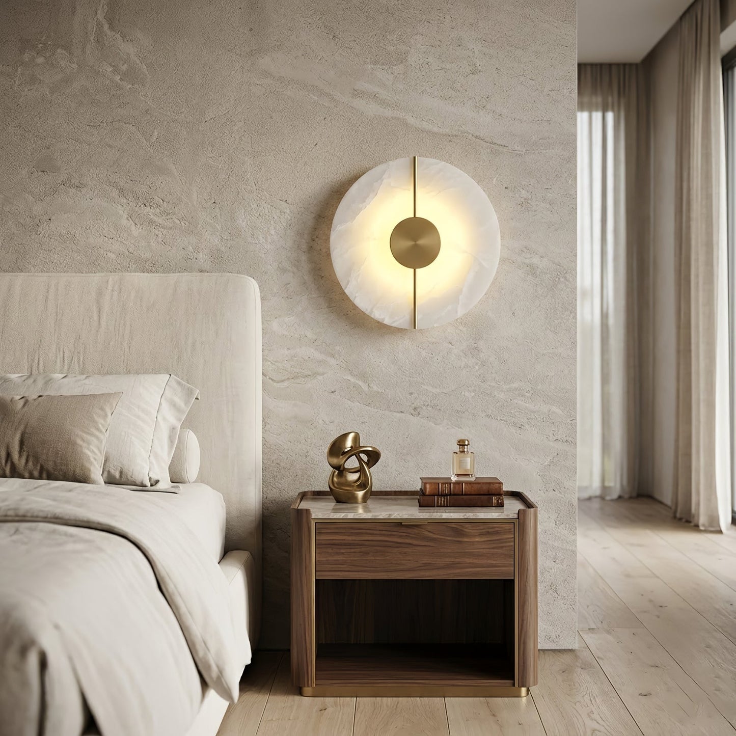 Circular Alabaster Wall Lamp With Brass Bar