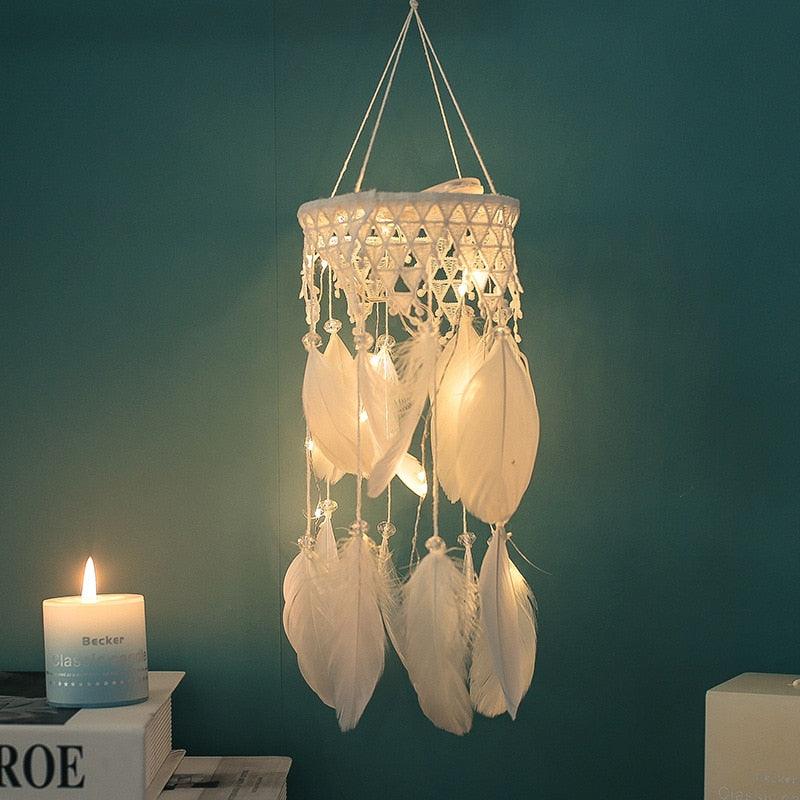 Classic Lantern Dream Catcher Kid  Room Dream Catchers LED Light Up White Feather Lights Ceiling Decor Wall Hanging Ornaments for Bedroom Decor Gifts for Teenage Girl Decoration Home Wind Chime Feather Wedding