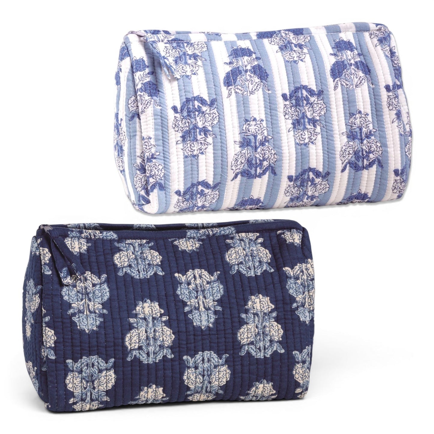 Blue Cornflower Block Print Quilted Cosmetic Zip Pouch