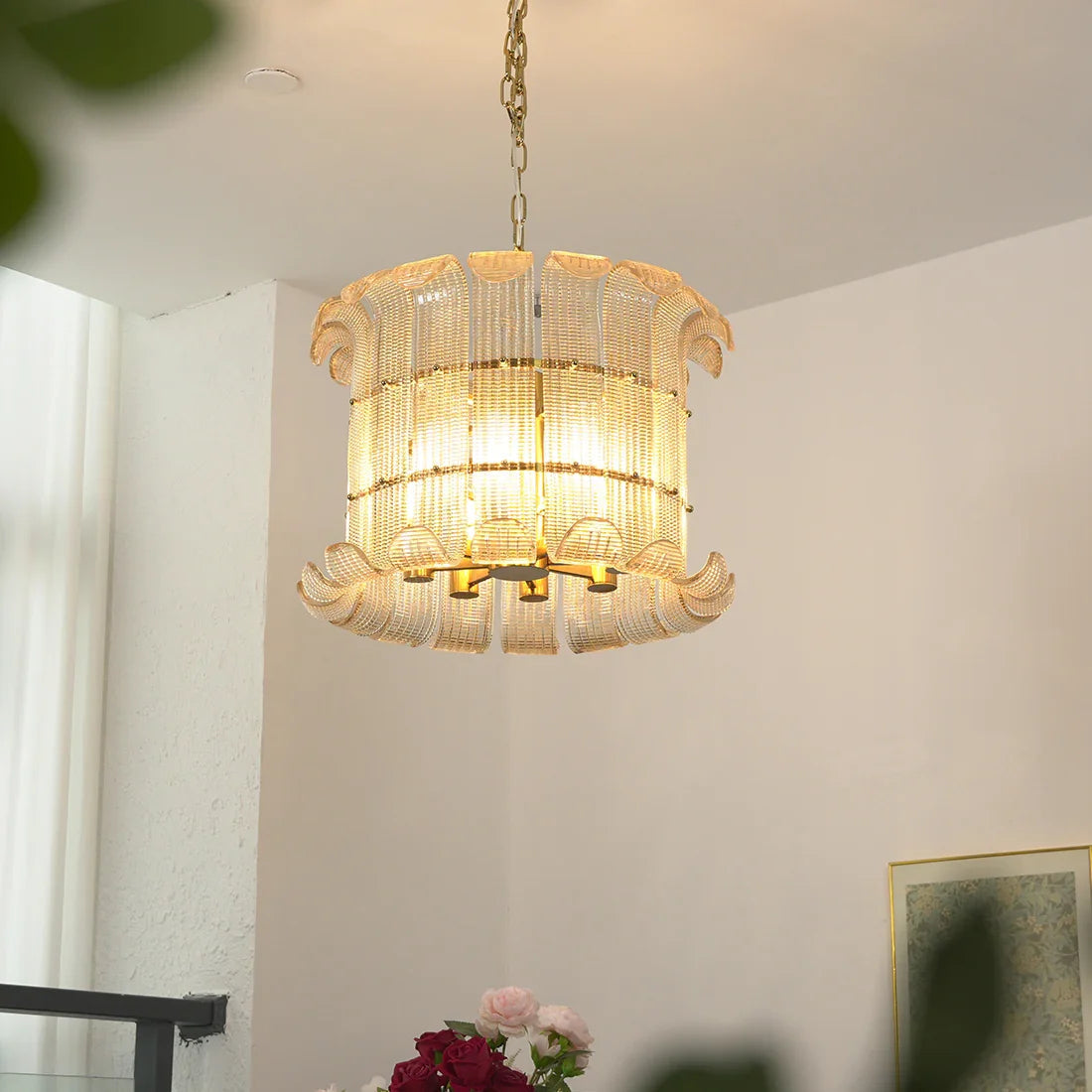 Curved Glass Slat Drum Chandelier
