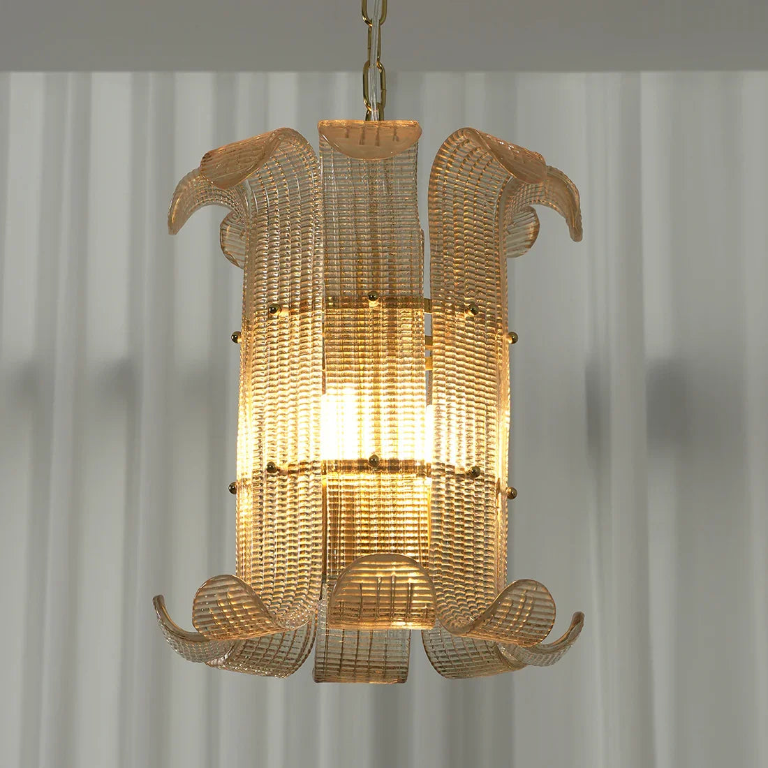Curved Glass Slat Drum Chandelier