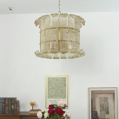 Curved Glass Slat Drum Chandelier