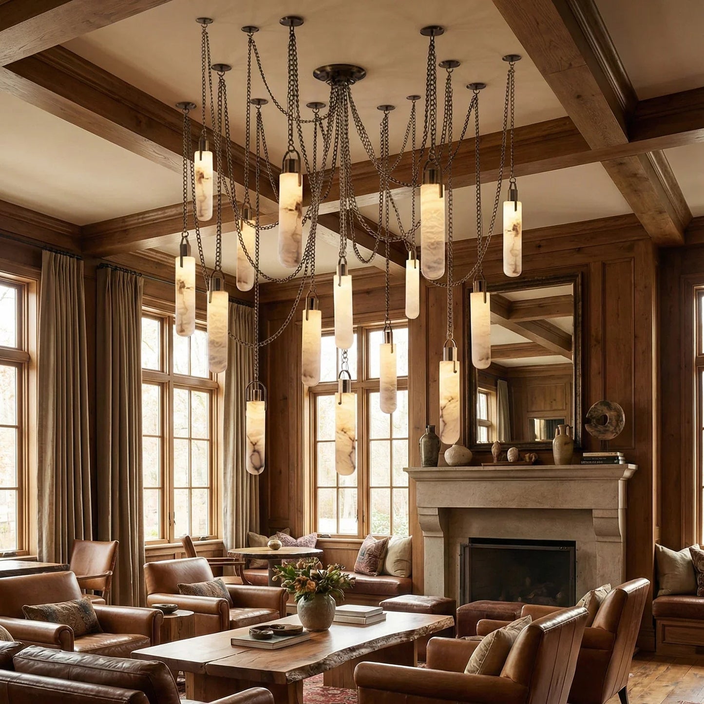 Cylindrical Alabaster Draped Chain Chandelier