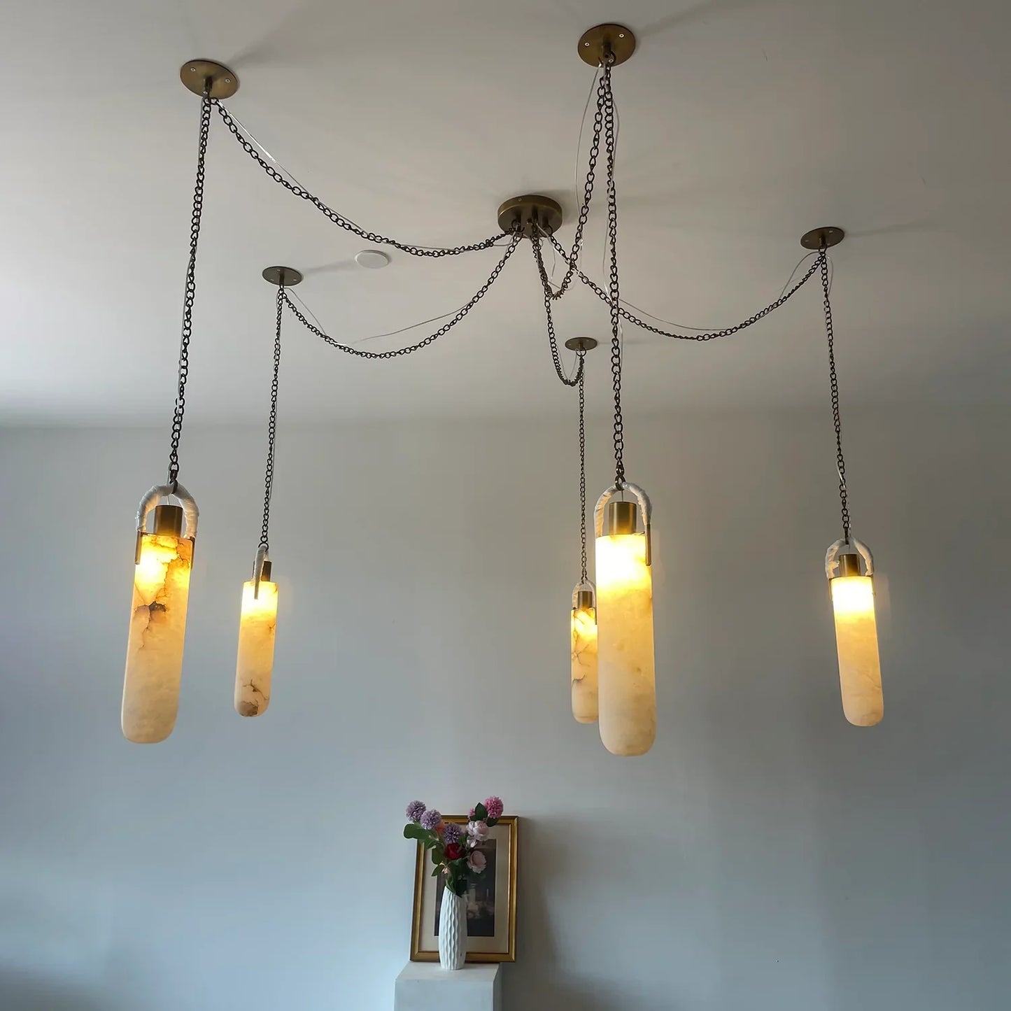Cylindrical Alabaster Draped Chain Chandelier