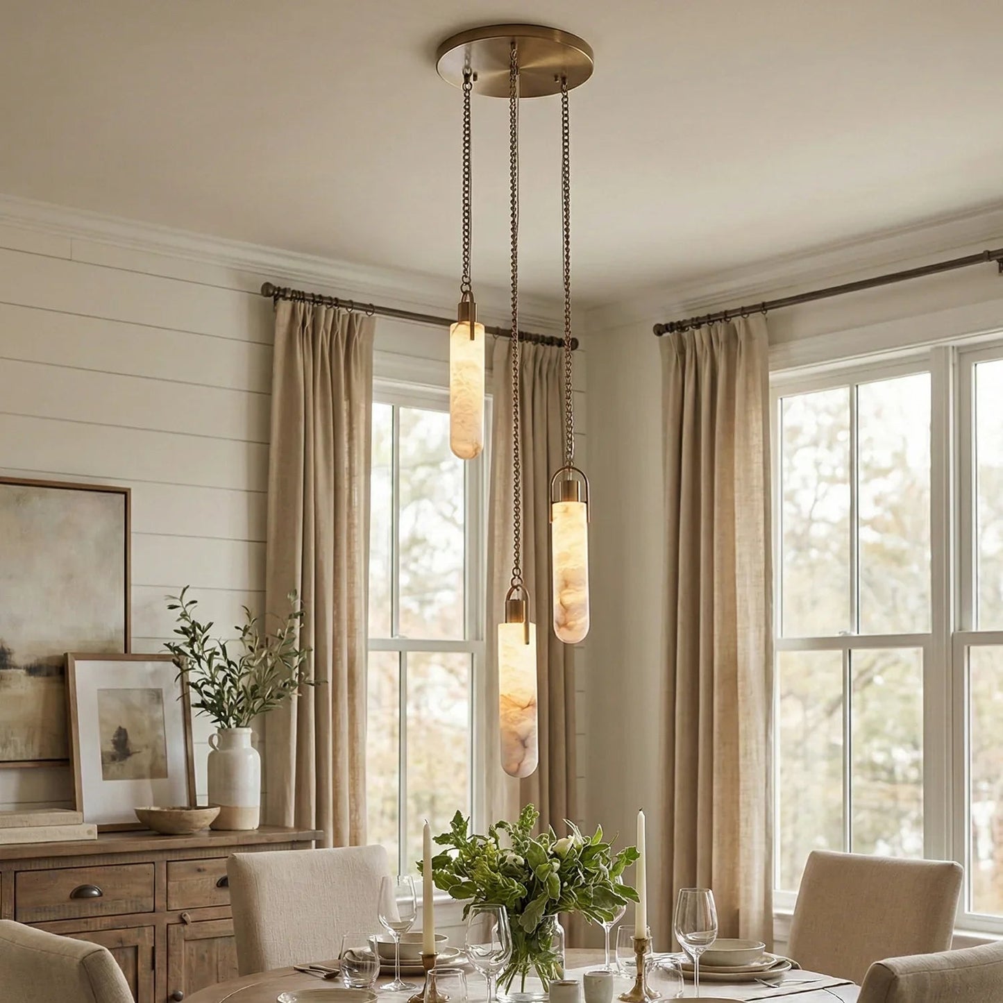 Cylindrical Alabaster Draped Chain Chandelier