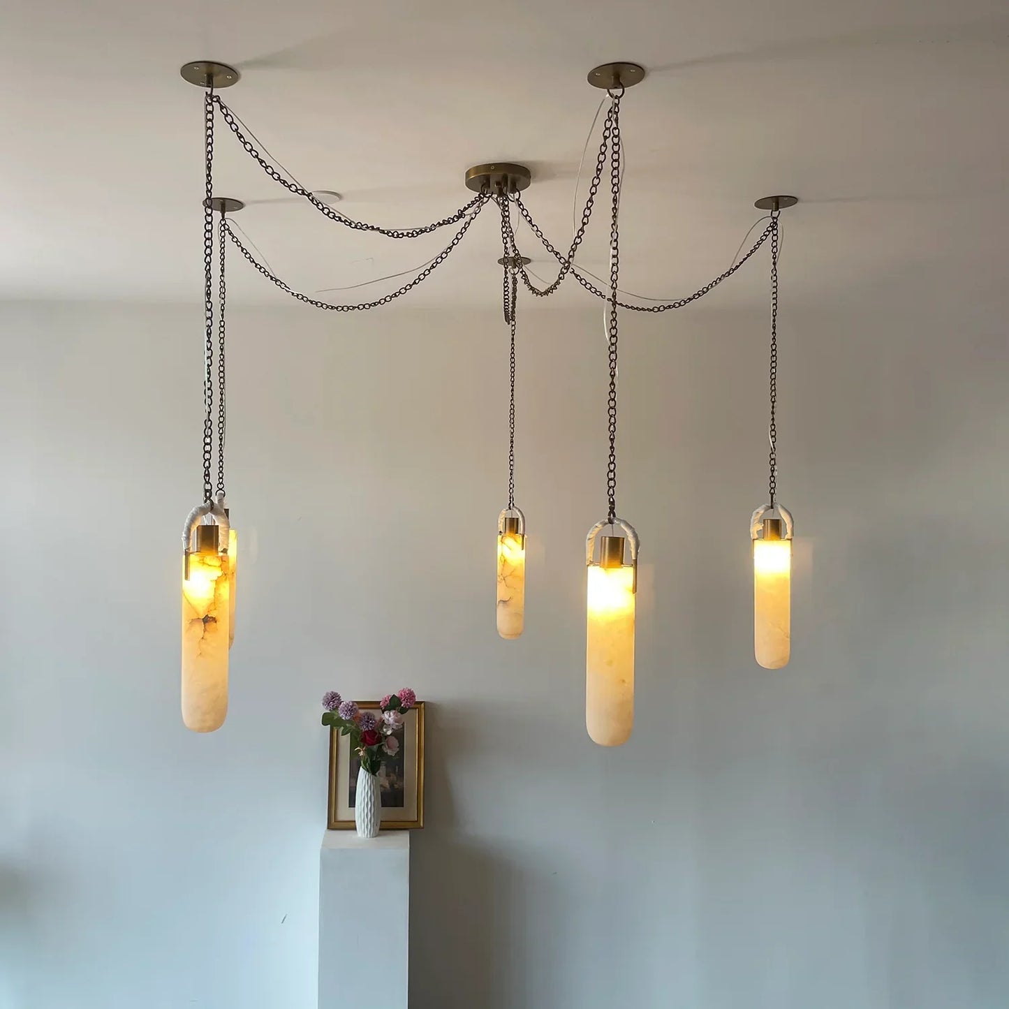 Cylindrical Alabaster Draped Chain Chandelier