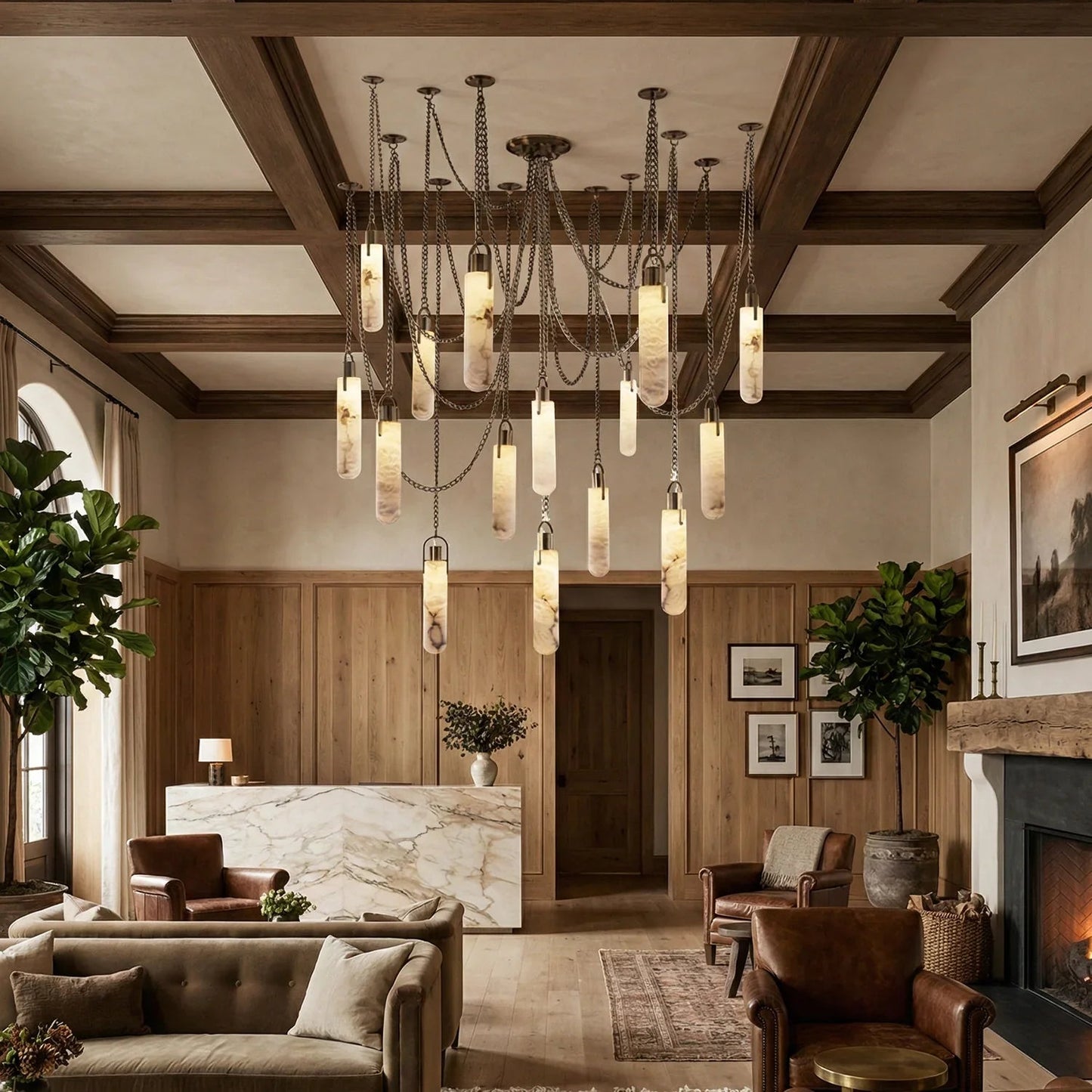 Cylindrical Alabaster Draped Chain Chandelier