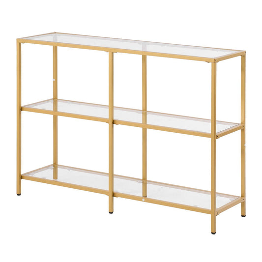 3-Tier Glass Console Table, Modern Rectangle Sofa Side Table with Tempered Glass Top and Iron Legs, Golden Consloe Desk with Anti-Tip Device for Living Room, Hallway, Entryway, Foyer, Golden