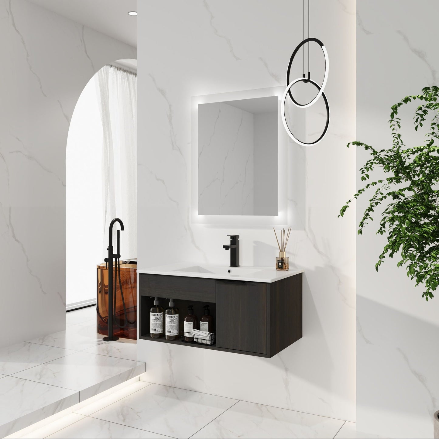 Wall Mounted Floating Bathroom Vanity With Open Shelf & Soft Close Door