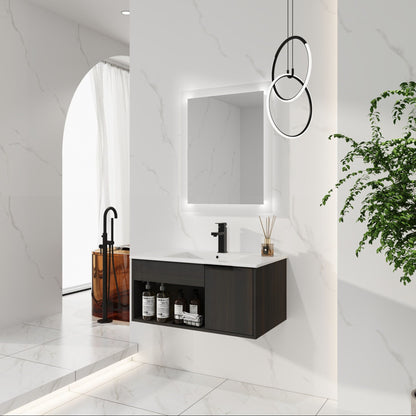 Wall Mounted Floating Bathroom Vanity With Open Shelf & Soft Close Door