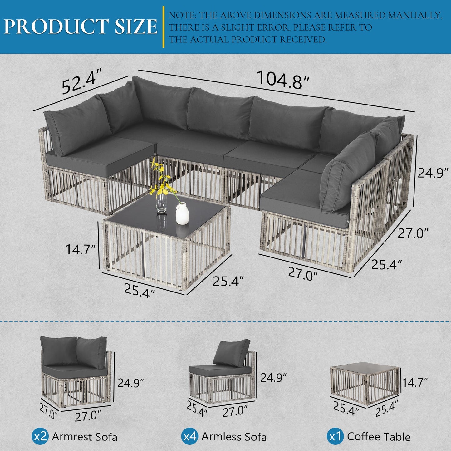 Ainfox Outdoor Patio Furniture Set, Wicker Sectional Conversation Set with Adjustable Backrest Sofa