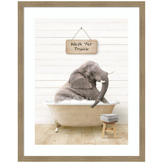 Young Elephant in Modern Bathtub  Wash Your Trunk by Amy Peterson Framed Wall Art Print